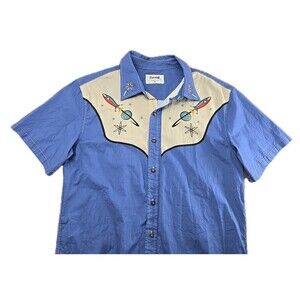 BoozeLeLe 1950s Atomic Rocket Western Button-Down Shirt Mens Medium Blue